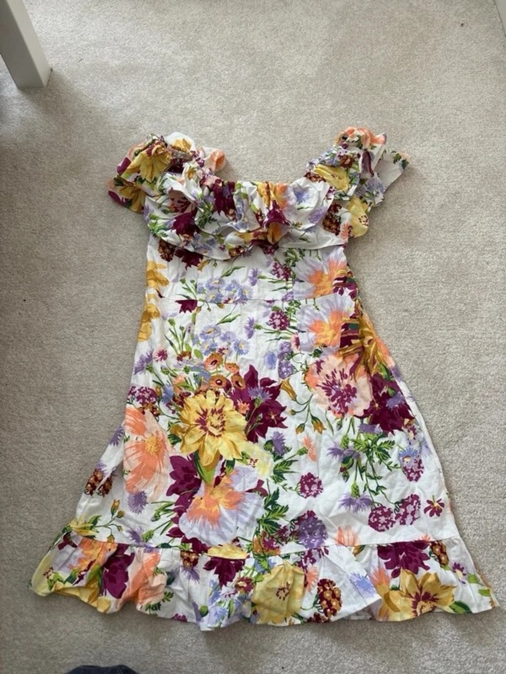 Floral Ruffle Maxi Dress - White with Yellow & Purple Blooms